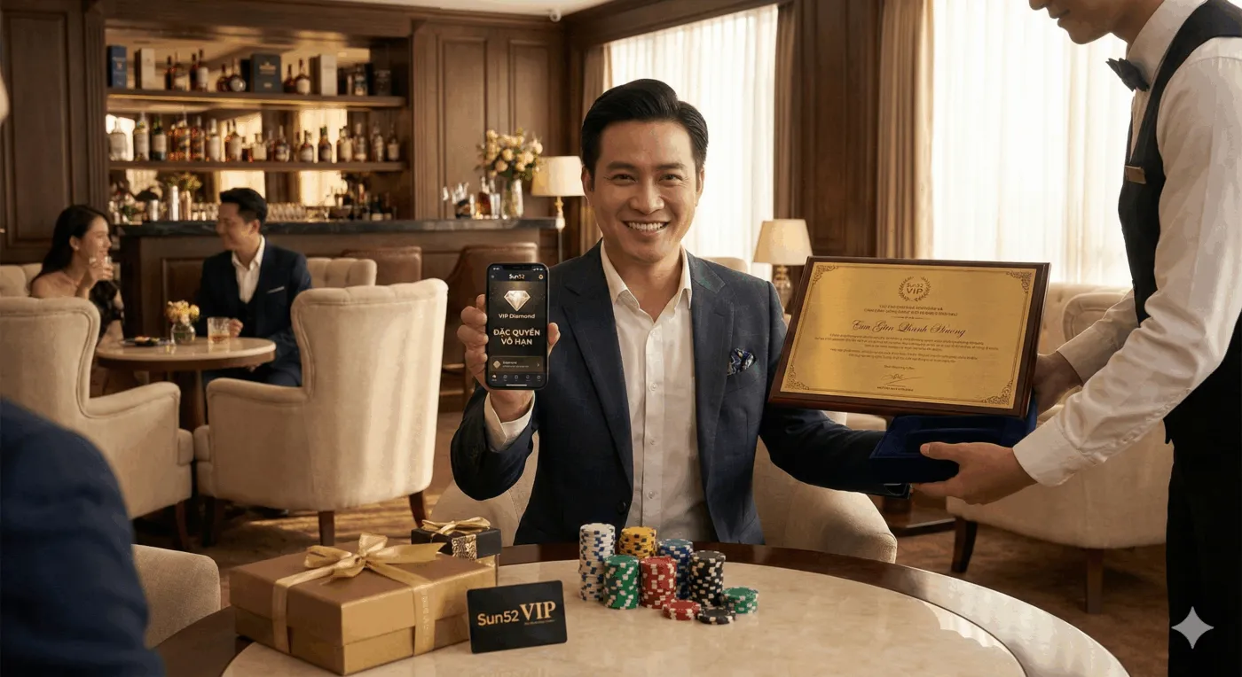 Người đàn ông cầm điện thoại Sun52 VIP bên cạnh hộp quà, chip và giấy chứng nhận VIP