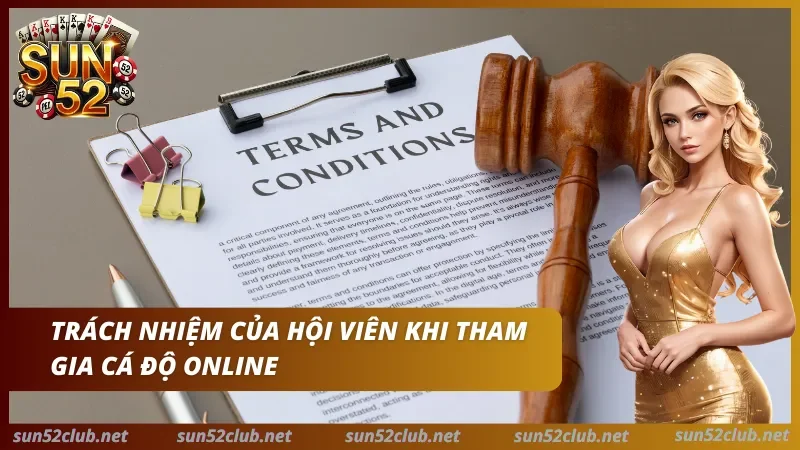 Miễn Trừ Trách Nhiệm Sun52 - Phạm Vi Sử Dụng & Rủi Ro 3 Sun52 với tài liệu Terms and Conditions, búa gỗ và dòng chữ Trách nhiệm của hội viên khi tham gia cá độ online