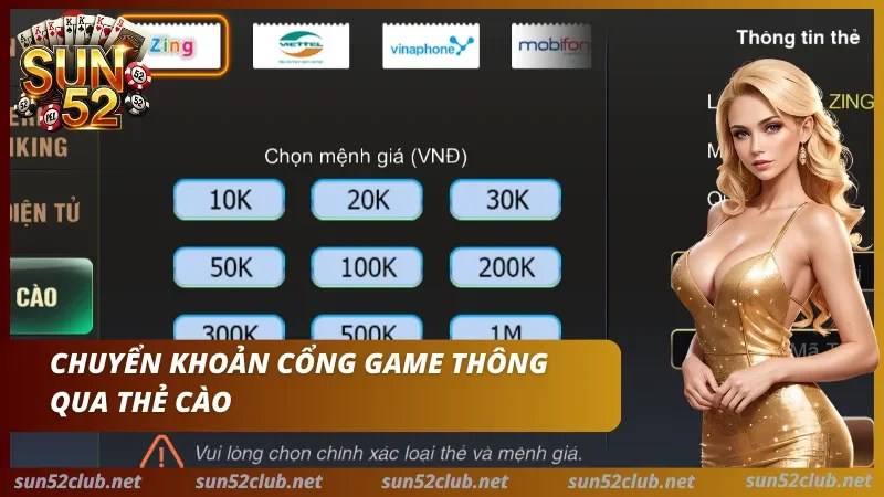 Ảnh Sun52 có giao diện thẻ cào với các mệnh giá và dòng chữ Chuyển khoản cổng game thông qua thẻ cào