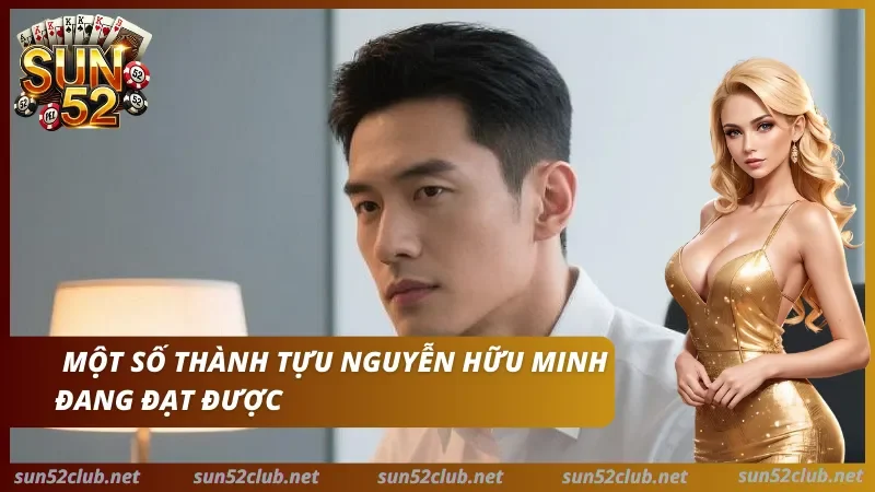Sun52 với chân dung nam giới, nhân vật nữ mặc váy vàng và dòng chữ Một số thành tựu Nguyễn Hữu Minh đang đạt được